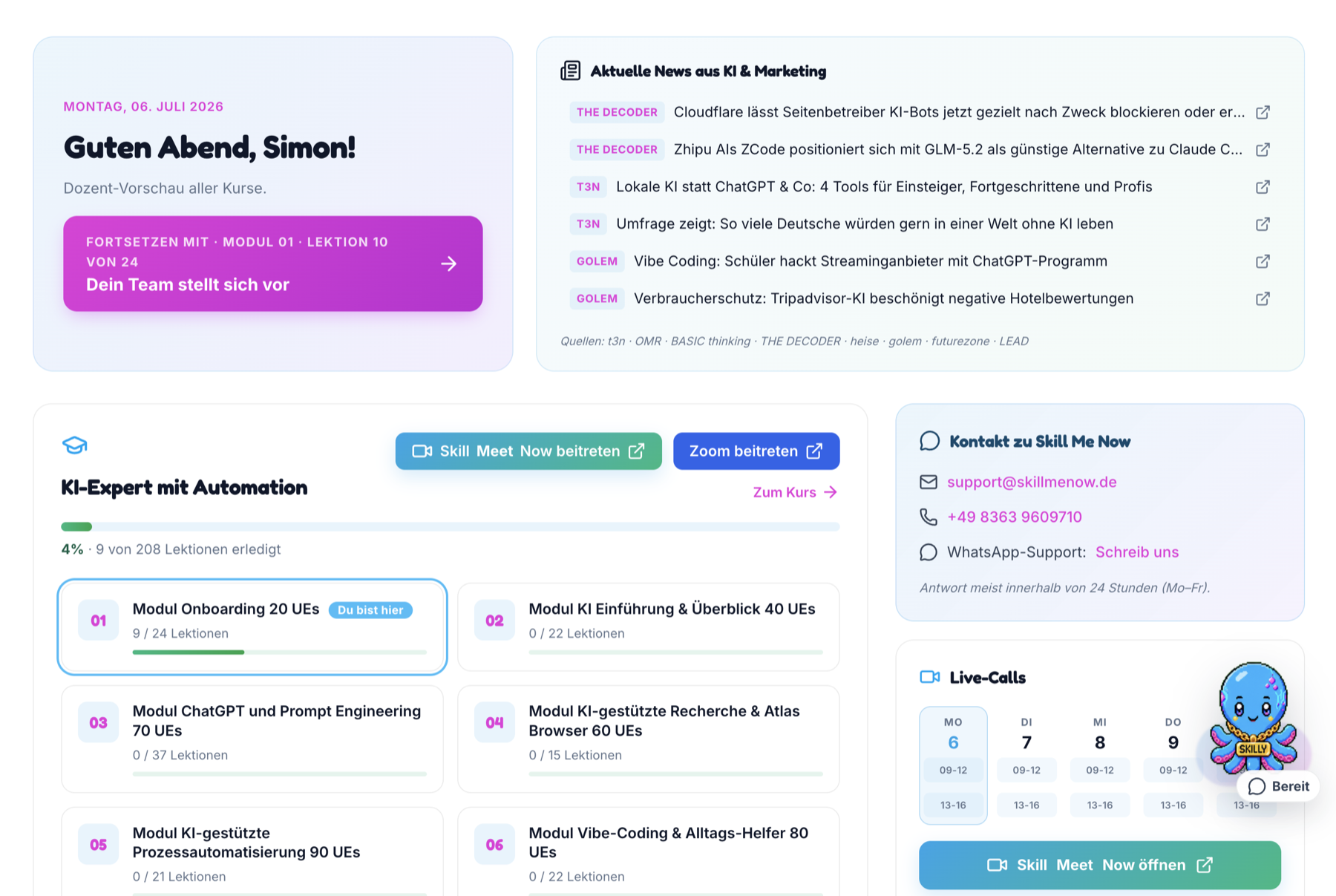 Persönliches Campus-Dashboard von Skill Me Now